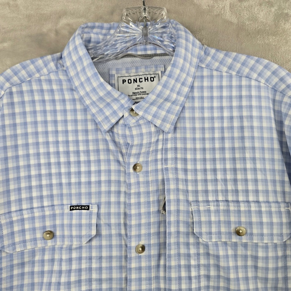 Poncho Fishing Shirt Mens XL Slim  Blue Gingham Magnetic Pockets Long Sleeve